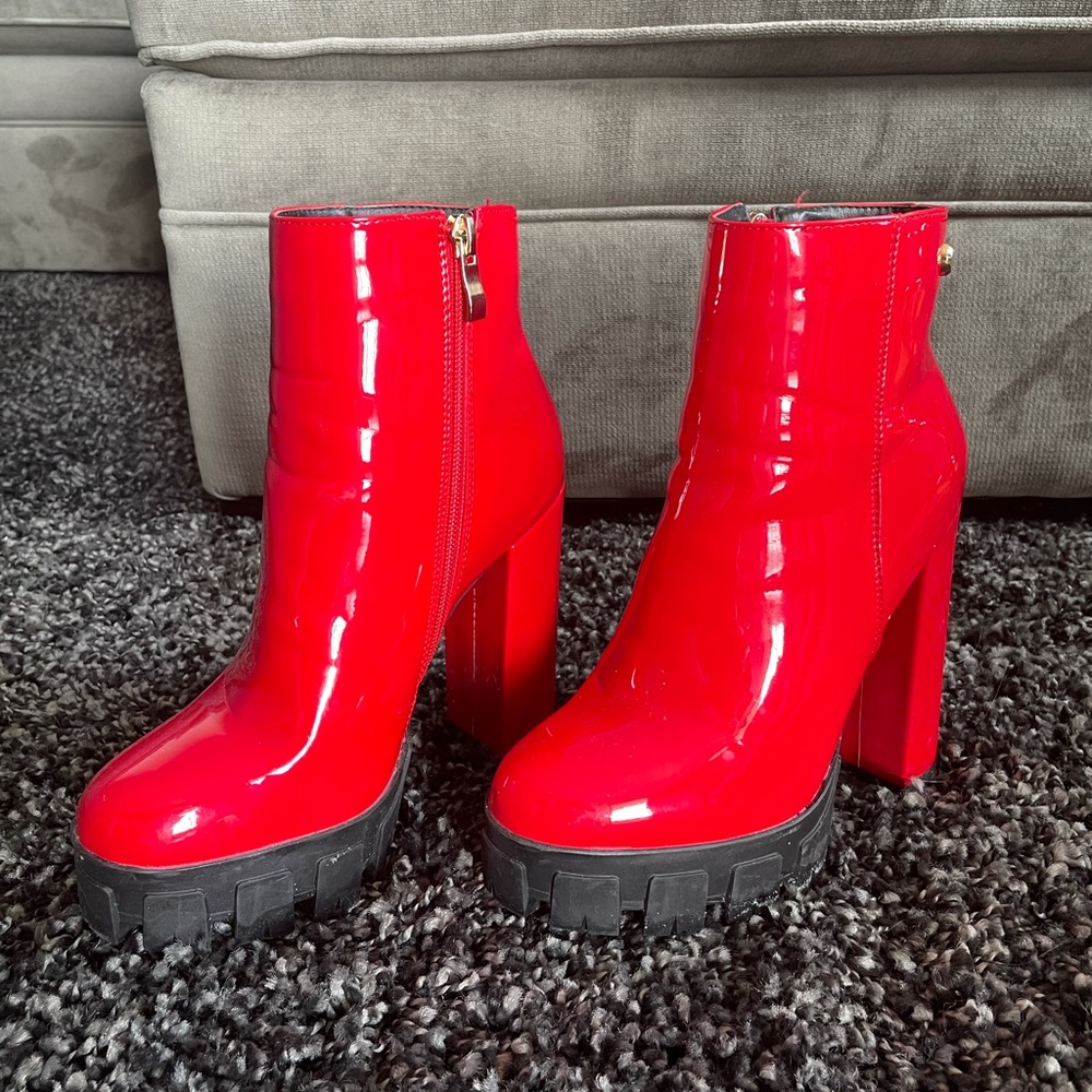 Azalea Wang Red Patent Platform Booties.